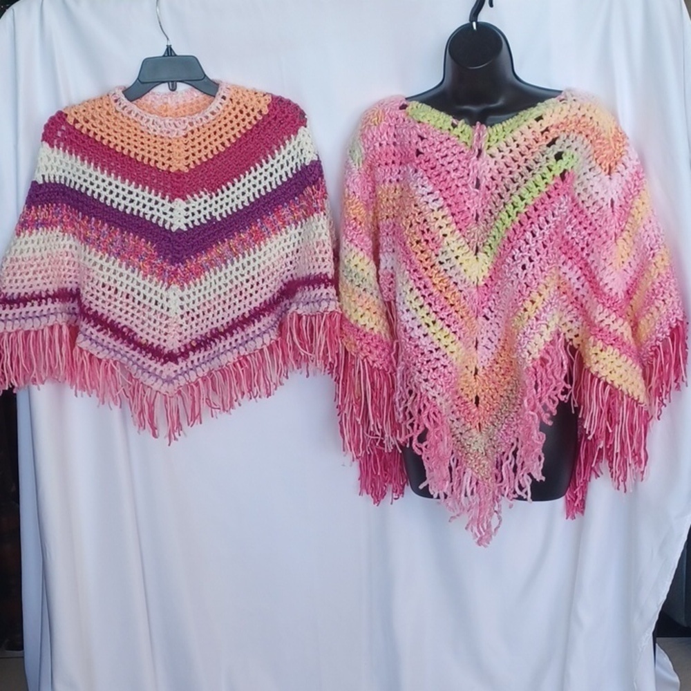 MOMMY & ME BOHEMIAN PONCHOS IN SUBTLE PINK, PURPLE OSFM, handmade